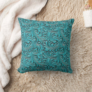 Turquoise floral tooled embossed leather western throw pillow