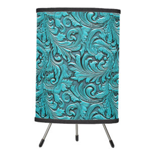 Turquoise floral tooled embossed leather western tripod lamp
