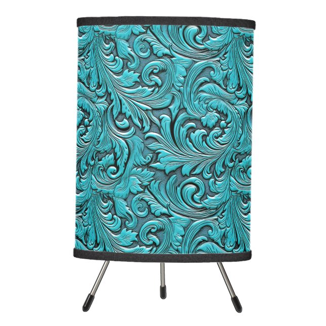 Turquoise floral tooled embossed leather western tripod lamp (Front)