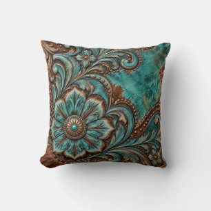 Turquoise Floral Tooled Leather Western Throw Pill Pillow