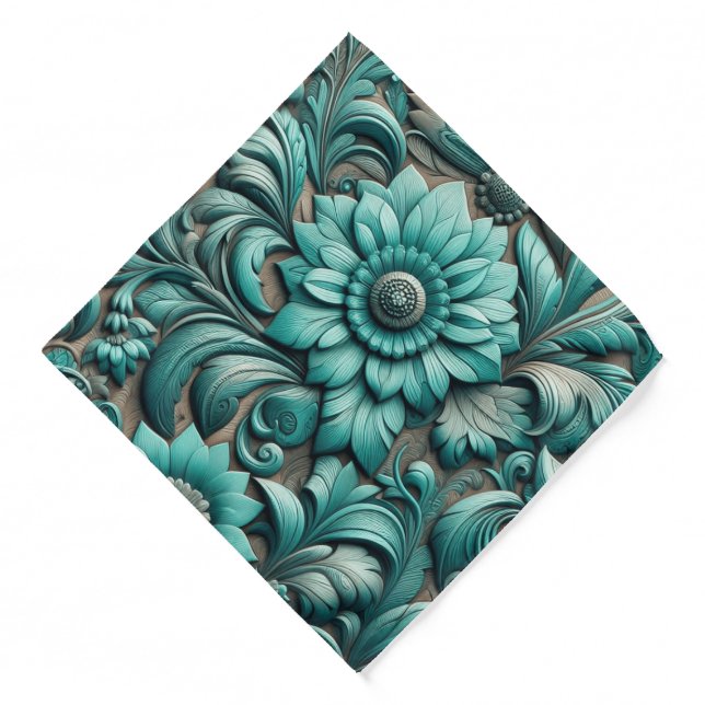 Turquoise Floral tooled Pattern Turquoise Teal Bandana (Front)