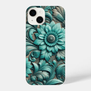 Turquoise Floral tooled Pattern Turquoise Teal iPhone 14 Case