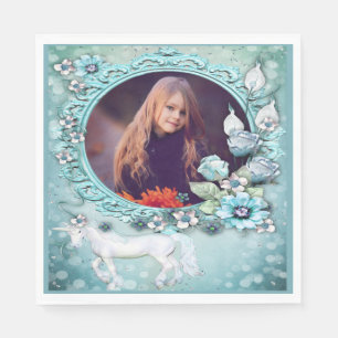 Turquoise Floral Unicorn Photo Birthday Napkins