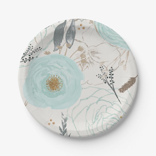 Turquoise Floral Watercolor Paper Plates (Front)