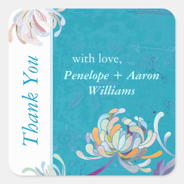 Turquoise Floral Wedding Thank You Square Sticker (Front)
