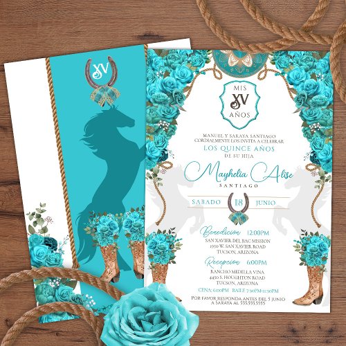 Turquoise Floral Western Charro Ranch Quinceaera Invitation