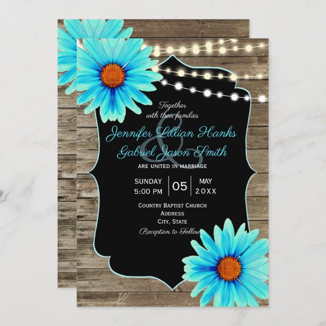 Turquoise floral wood string of lights wedding invitation (Front/Back)