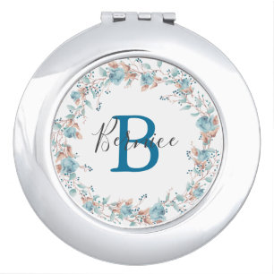 Turquoise floral wreath monogram compact mirror