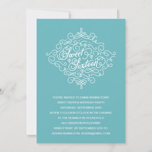 Turquoise Flourish Sweet Sixteen Birthday Party Card