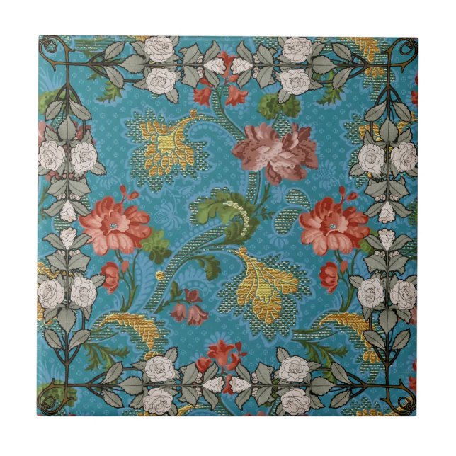 Turquoise  Flower Gold Rose Ceramic Tile (Front)