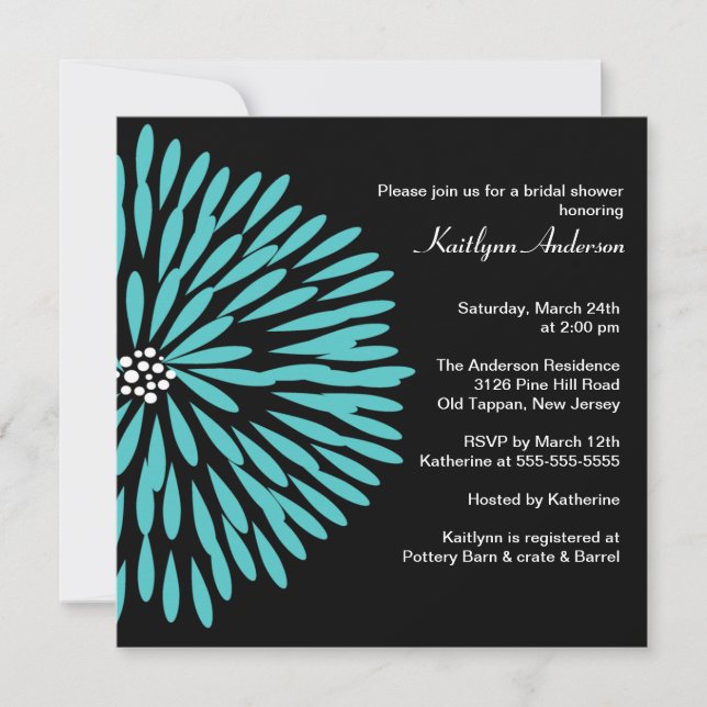 Turquoise Flower on Black Bridal Shower Invitation (Front)