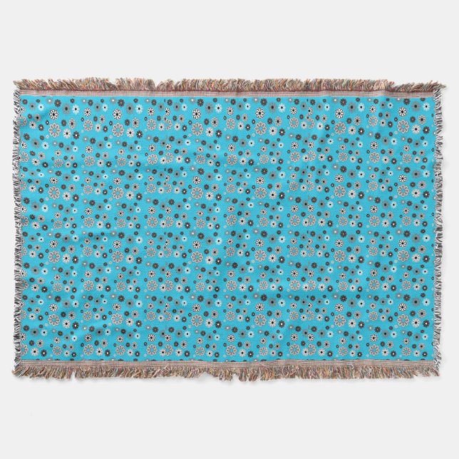 Turquoise flower power daisies with black and gray throw blanket (Front)