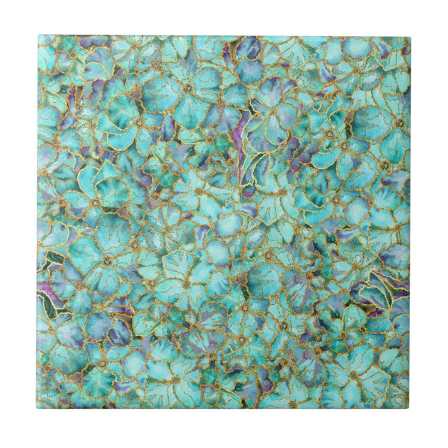 Turquoise flowers ceramic tile (Front)