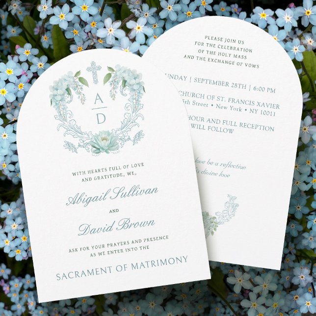 Turquoise Flowers Crest Monograms Catholic Wedding Invitation (Creator Uploaded)
