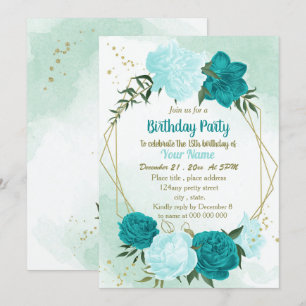 turquoise flowers green leaves birthday invitation