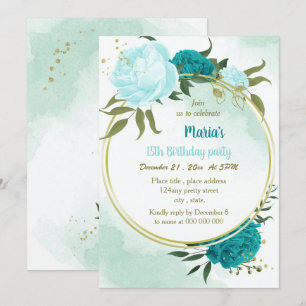 turquoise flowers green leaves birthday invitation