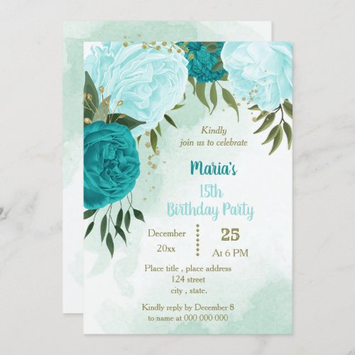 turquoise flowers green leaves birthday invitation