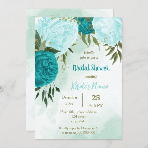 turquoise flowers green leaves bridal shower invitation