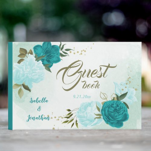 turquoise flowers green leaves guest book