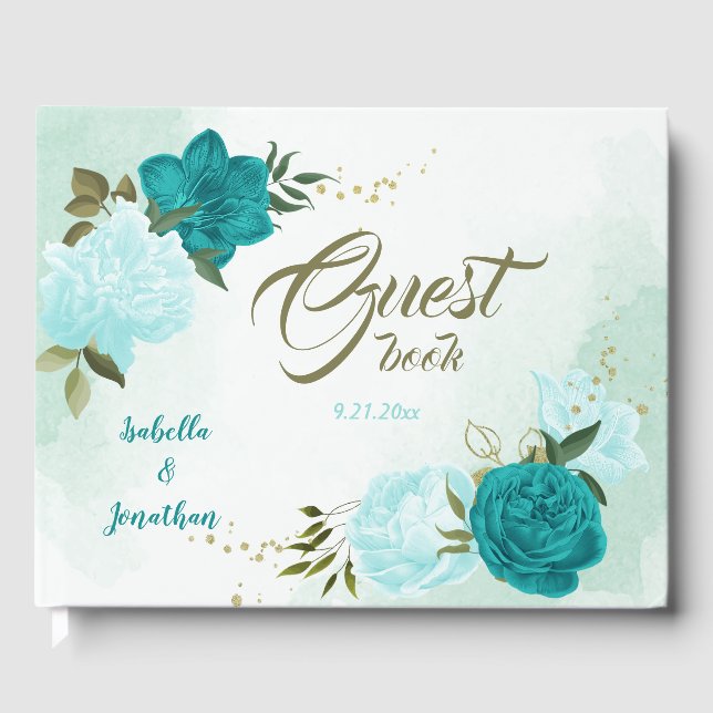 turquoise flowers green leaves guest book (Front)