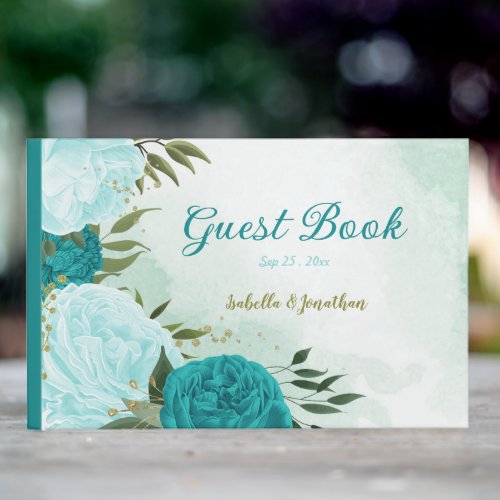 turquoise flowers green leaves guest book