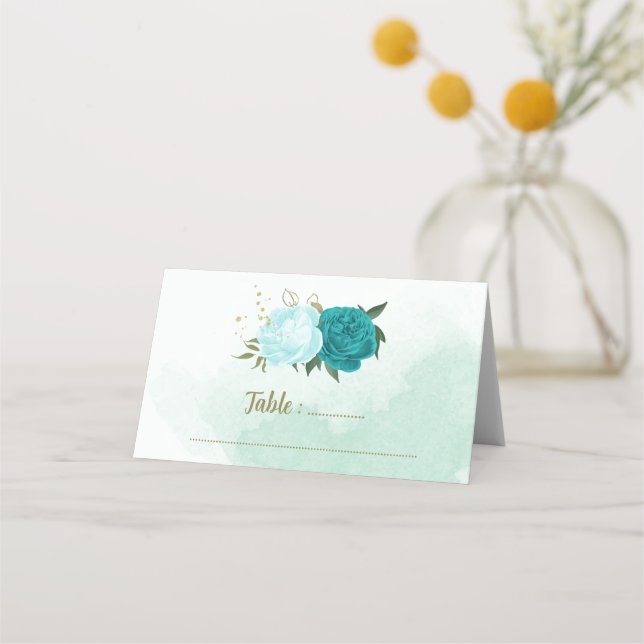 turquoise flowers green leaves place card (Front)