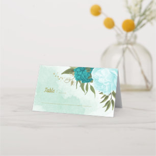 turquoise flowers green leaves place card