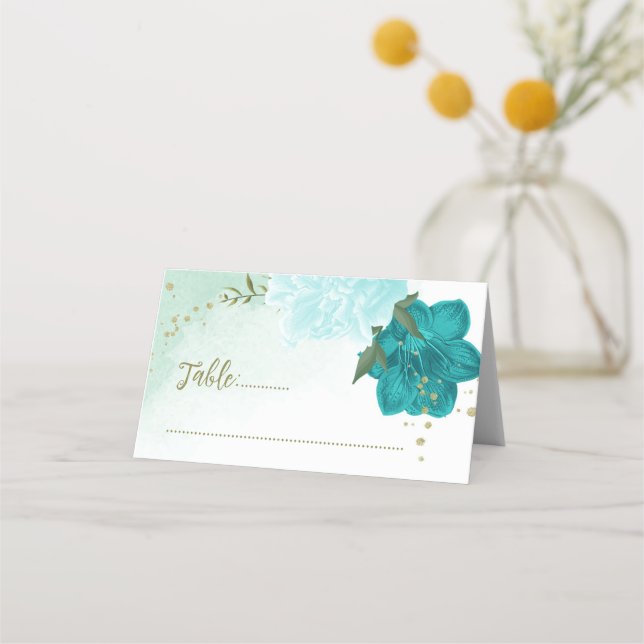 turquoise flowers green leaves place card (Front)