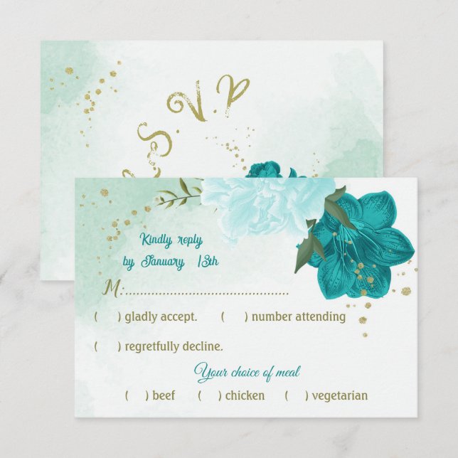 turquoise flowers green leaves RSVP card (Front/Back)
