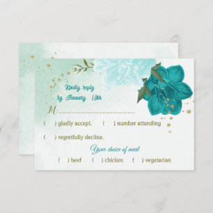 turquoise flowers green leaves RSVP card
