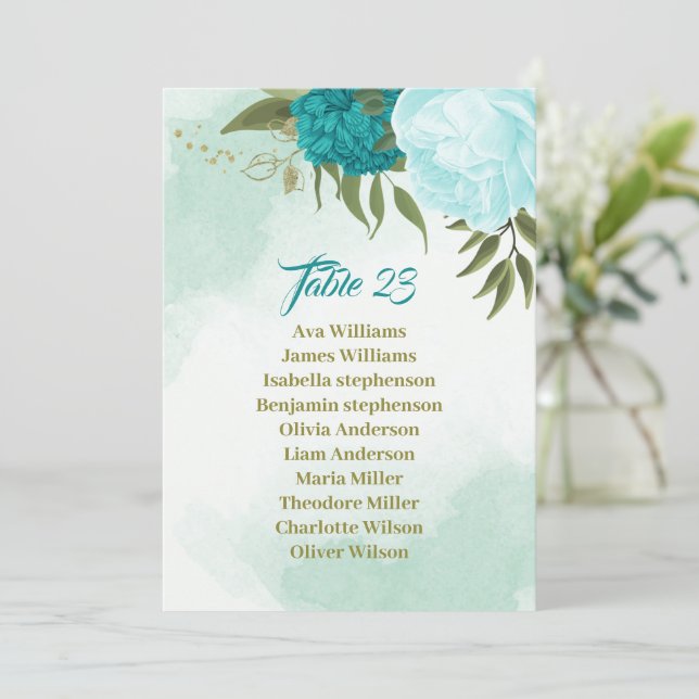 turquoise flowers green leaves seating chart card (Standing Front)
