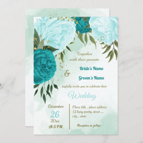 turquoise flowers green leaves wedding invitation