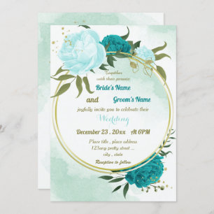 turquoise flowers green leaves wedding invitation