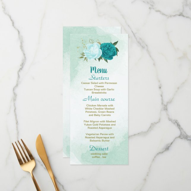 turquoise flowers green leaves wedding menu (Front/Back In Situ)