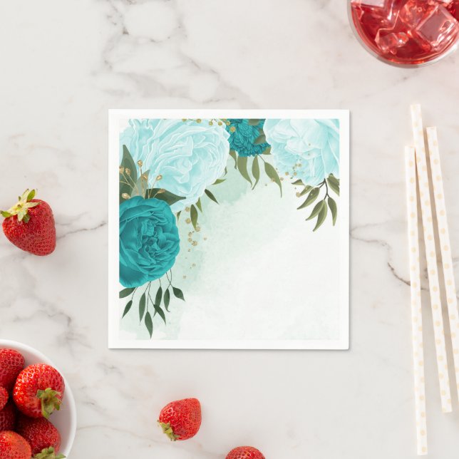 turquoise flowers green leaves wedding napkins (Insitu)