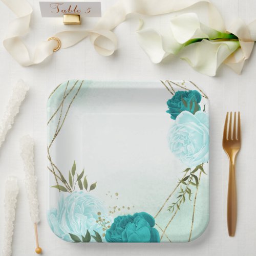 turquoise flowers green leaves wedding paper plates