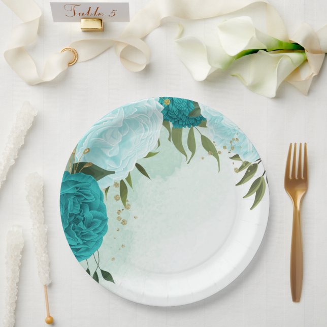 turquoise flowers green leaves wedding paper plates (Wedding)