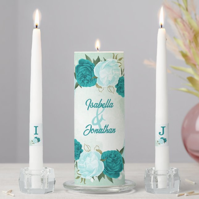turquoise flowers green leaves wedding unity candle set (In Situ)