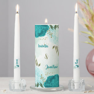 turquoise flowers green leaves wedding unity candle set