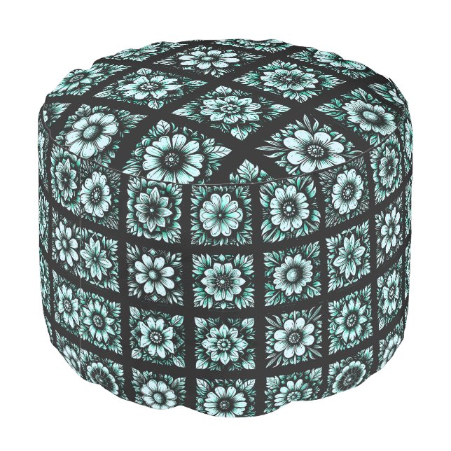Turquoise Flowers on Black Pouf (Angled Back)
