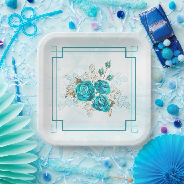 Turquoise Flowers Party Paper Plates  (Party)