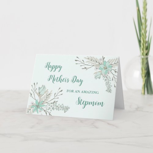 Turquoise Flowers Stepmom Happy Mothers Day Card