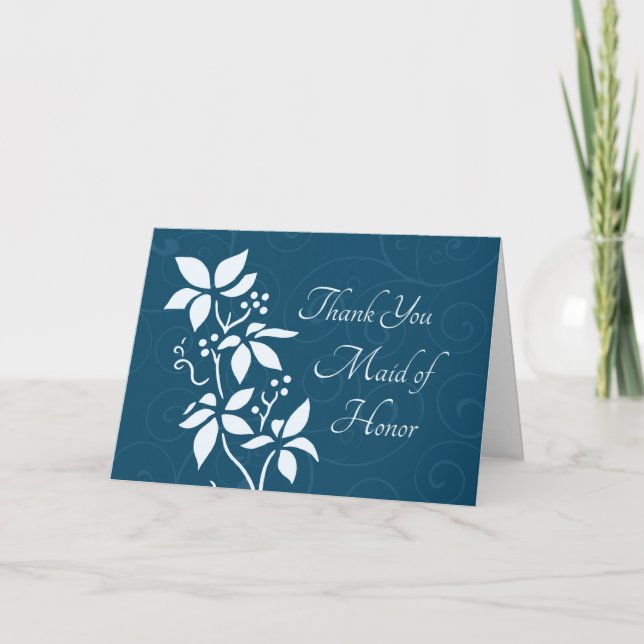 Turquoise Flowers Thank You Maid of Honor Card (Front)