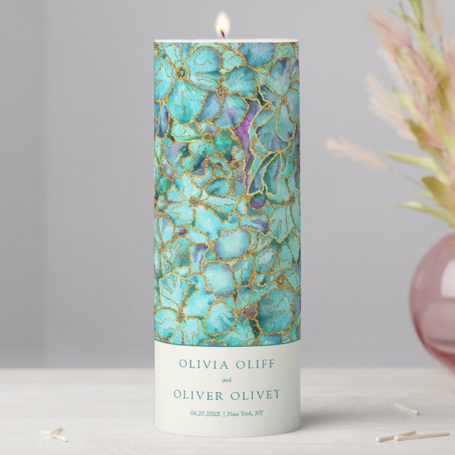 Turquoise Flowers Wedding  Pillar Candle (In Situ)