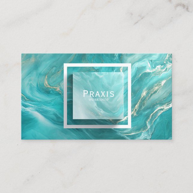 Turquoise Fluid Art Gold Marbling Geometric Business Card (Front)