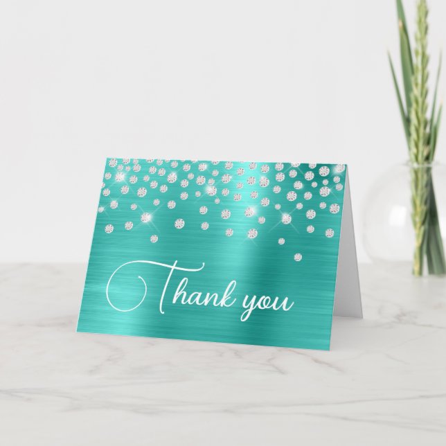 Turquoise Foil Diamond Confetti 50th Birthday Thank You Card (Front)