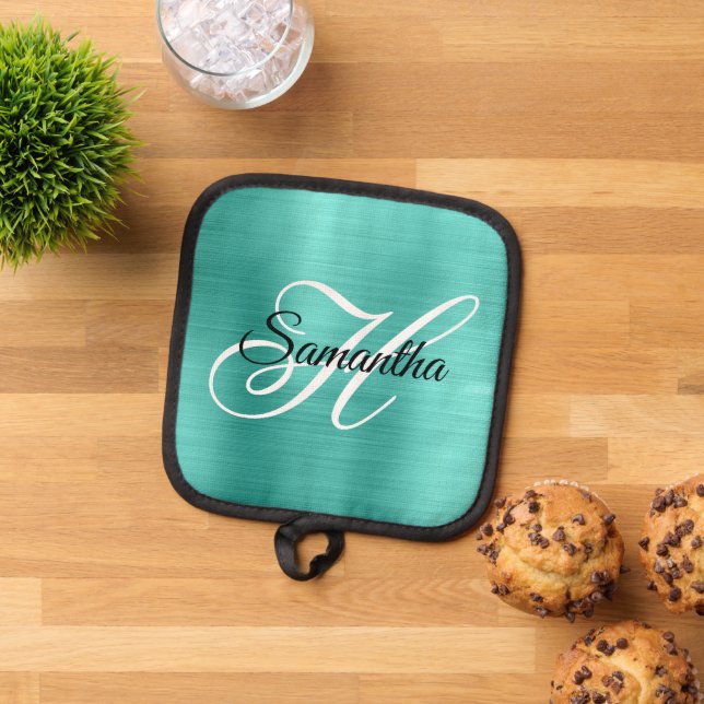 Turquoise Foil Fancy Monogram Pot Holder (Top Down)