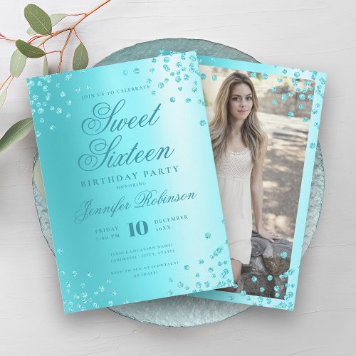 Turquoise Foil Glitter Confetti Photo Sweet 16   Invitation