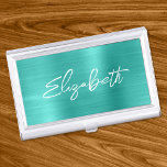 Turquoise Foil Modern Brush Script First Name Business Card Case<br><div class="desc">A first name business card case holder for her. The script is a lovely, brush stroke modern handwritten script that is a perfect gift for her. The decorative brush stroke style may require you to re-center your given name. You may also customize the font color and calligraphy style. The background...</div>