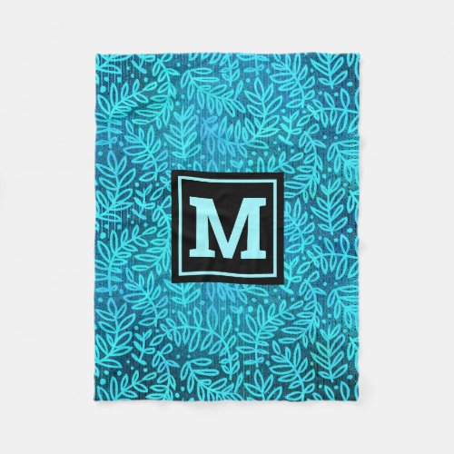 Turquoise foliage leaves pattern modern monogram fleece blanket